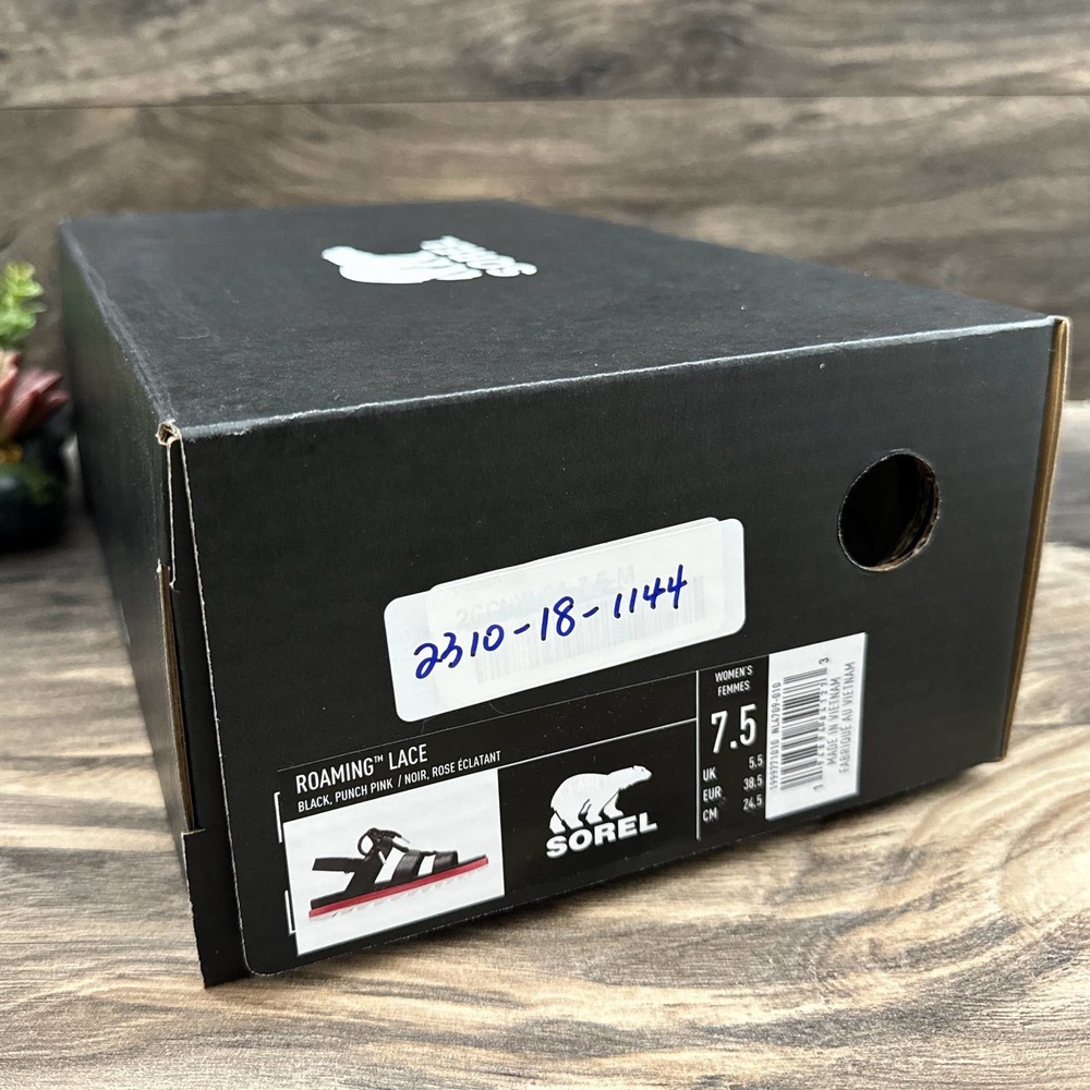 NIB Sorel Roaming Lace 7.5 Slingback Gladiator Flat Leather Sandals Black Pink - Picture 12 of 12
